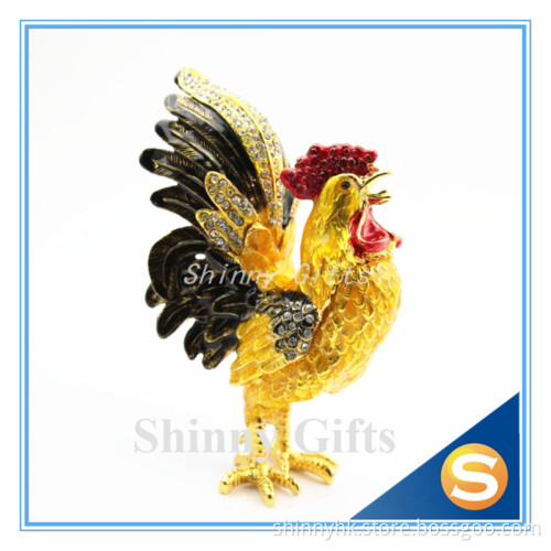 Metal Pewter Rooster Shape Jeweled Enamel Trinket Box